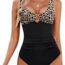 BMJL Women's Tummy Control Swimsuits Ruched Slimming One Piece Bathing Suit Deep V Neck Swimsuit (X-Large, Black / Leopard039)