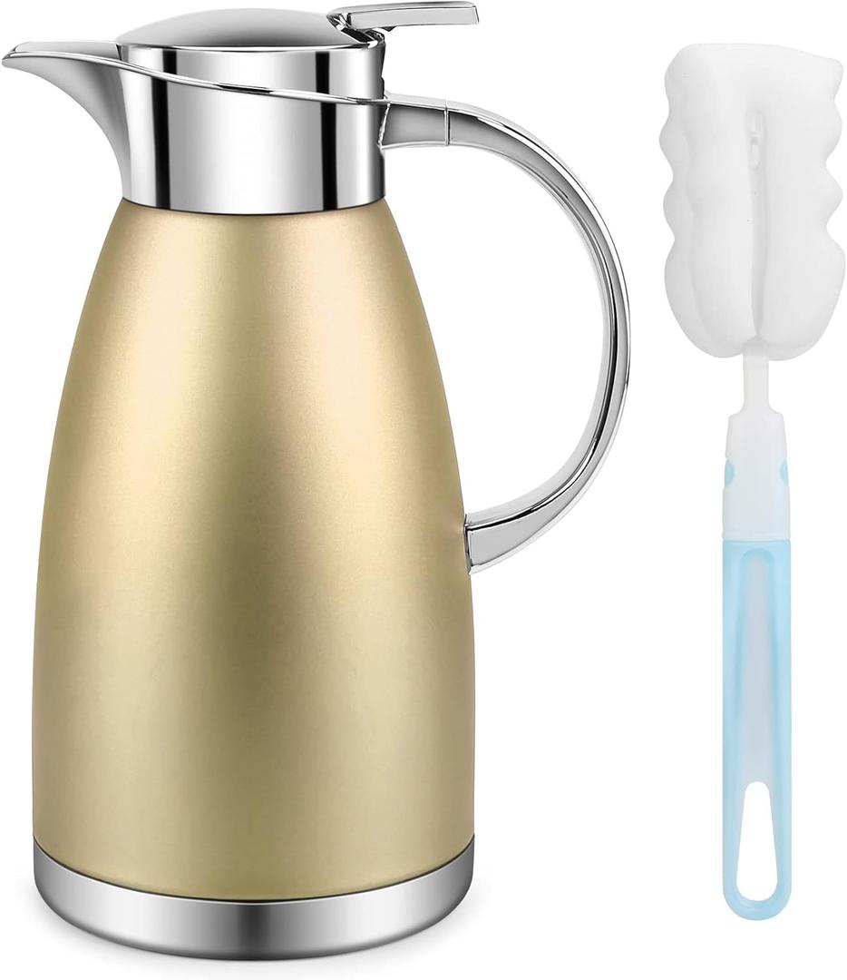 61oz Coffee Carafe Airpot Insulated Coffee Urn Stainless Steel Vacuum Thermal Pot Flask Dispenser for Coffee, Hot Water, Tea, Hot Beverage - Keep 12 Hours Hot, 24 Hours Cold (Gold)