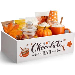 Amyhill Fall Hot Cocoa Bar Wood Station Tray Holder 12 x 6.7 x 3.9 Inches Thanksgiving Hot Cocoa Decorative Storage Open Holder Box Chocolate Organizer Bins for Holiday Supplies(Classic Style,White)
