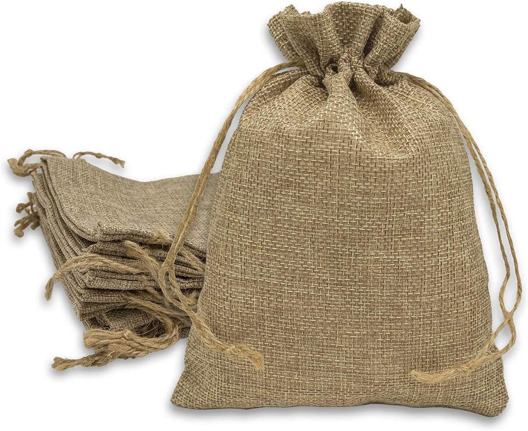 12-Pack 5.5x7.75 Natural Burlap Gift Bags w. Drawstring (Natural Brown, Medium) for Party Favors, Presents or DIY Craft by TheDisplayGuys (Brown Natural)