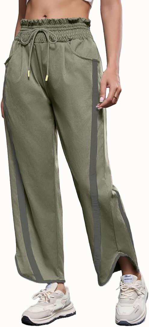 Track Pants Women Casual Drawstring Barrel Pant Lightweight Baggy Contrast Color Workout Pants with Pockets (Small, Army Green)