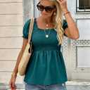 Womens 2025 Summer Puff Short Sleeve Babydoll Tops, New Blue Green (XXL)