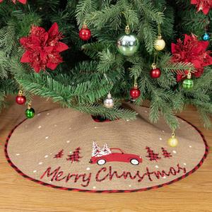 N&T NIETING Christmas Tree Skirt, 30 Inch Rustic Burlap Tree Skirt with Red Truck and Letter Printed Christmas Tree Mat for Xmas Holiday Party Decoration (Large)