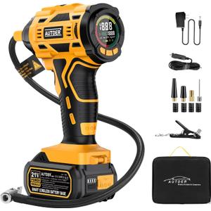 AUTDER Cordless Tire Inflator, 180PSI Portable Air Compressor with 21V Rechargeable Battery & 12V DC Car Adapter, Fast Inflation Digital Pump for Cars, Motorcycles, Bikes & Sports Balls - Black Yellow