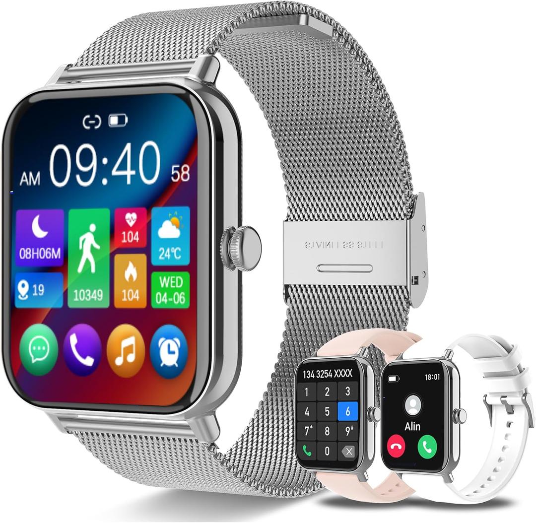 Smart Watch for Women Men(Answer/Make Calls) 1.85" HD Fitness Tracker Smartwatch for Android iPhone with Steps Tracking/Heart Rate/Sleep Monitor, 120+ Sports Modes IP68 Waterproof, Silver/3 Bands