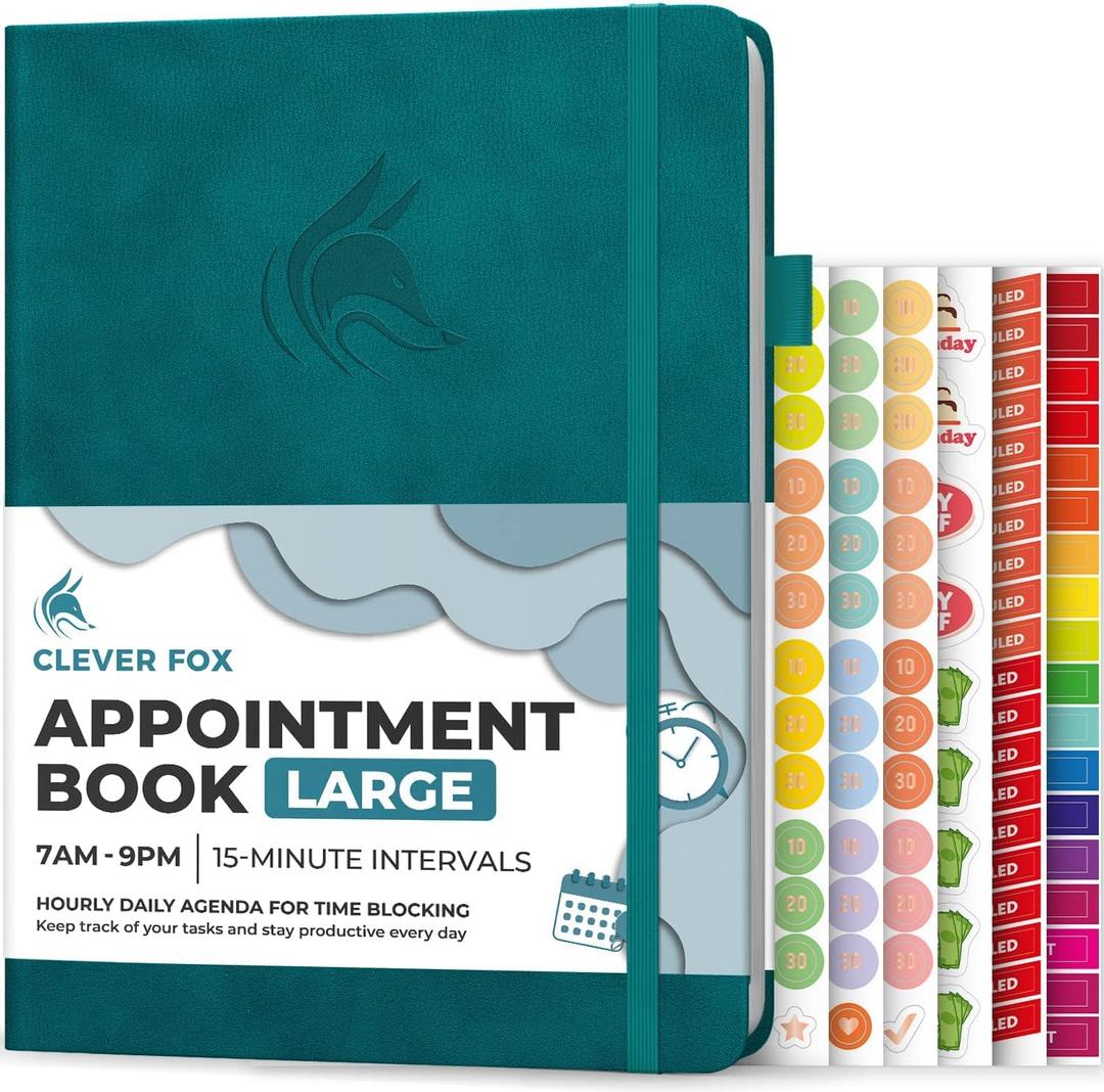 Clever Fox Appointment Book  Hourly Schedule Planner with 15-Minute Increments  Time Box Planner for Daily Work & To-Dos  Weekly & Monthly Spreads, Undated, Hardcover, 8.3x11 (Dark Teal)