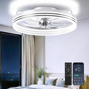Ceiling Fan with Light,20" Flush Mount Ceiling Fan,6 Speeds,3000-6500K Dimmable LED, App&Remote Control, Quiet DC Motor for Bedroom Living Room Modern Ceiling Fans with Lights (White, 20inch-Stripes)