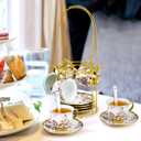 20 Pcs Porcelain Tea Set with Metal Holder, European Ceramic Tea Set for Adults, Adult Tea Set Gift, Flower Tea Cup Saucer Set for Party With Gold Flower Painting (Elegant Purple/500ml)