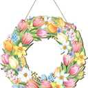 Tulip Wreath for Front Door 12'' Wooden Spring Door Sign,Rustic Floral Spring Front Door Decor for Easter Home Porch Wall Windows