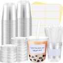 50 Sets Crystal Clear Plastic Cups with Lids, Straws and Stickers, Disposable Iced Coffee Cups Thickened PET for Iced Coffee, Bubble BobaTea, Smoothie, Cold Drinks, Juice, Shops (12 oz)