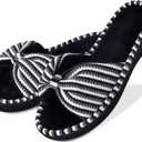 DL Women's Memory Foam Open Toe Slide Slippers with Cute Bow and Cozy Terry Lining, Slip-on House Shoes Spa Mules Sandals with Indoor Outdoor Rubber Sole (7-8, Black)