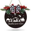 Whaline Christmas Wooden Hanging Sign Rustic Holy Night Front Door Sign Nativity Christ the Savior is Born Door Hanger with Bow for Home Indoor Outdoor Farmhouse Wall Window Decor