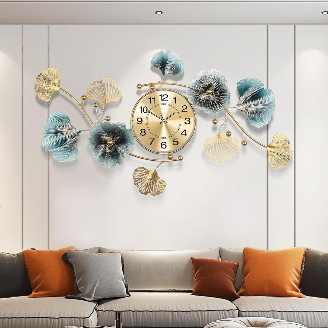 Wall Clocks for Living Room Decor,Large Wall Clock,3D Creative Metal Ginkgo Leaf Design,with Silent Movement Wall Clocks for Home Wall Decor Clock47"x23" (Blue Gold Color)