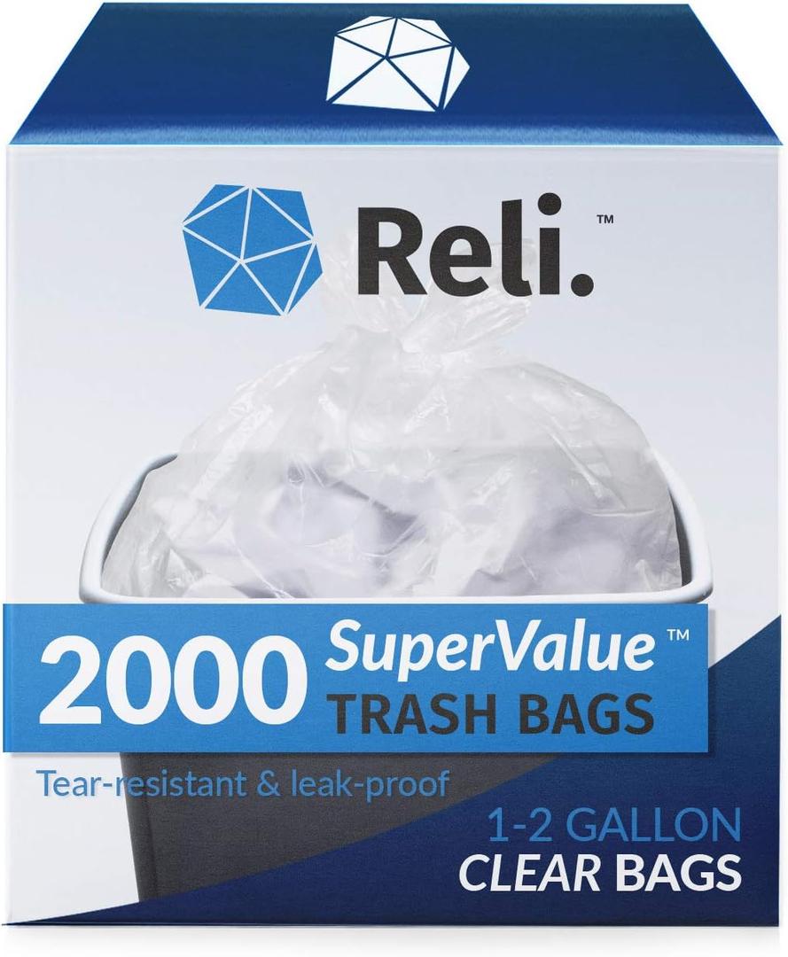 Reli. 1-2 Gallon Trash Bags | 2000 Bags | Clear | Bathroom | Strong | Garbage