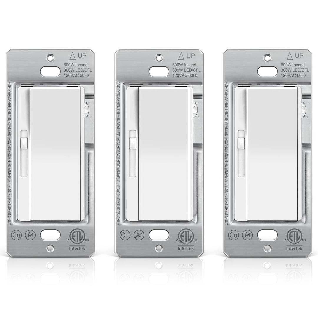 BESTTEN 3 Pack Slide Dimmer Light Switch, Quiet Rocker, Super Slim Single Pole or 3 Way Dimmable Switch, Max 300W LED, CFL, 600W Incandescent, ETL Listed, White