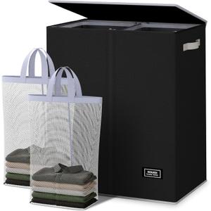 SOLEDI Double Laundry Hamper with Lid and Removable Laundry Bags - Large Dirty Clothes Hamper 2 Section - Collapsible Laundry Baskets for Bedroom, Bathroom, Laundry room, Apartment, Black (145L)