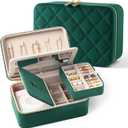 Velvet Travel Jewelry Box with Large Mirror, Double-Layer Jewelry Organizer Case for Women and Girls, Portable Storage Case with 6 Anti-Tarnish Bags Gift Ready for Her (Emerald Green)