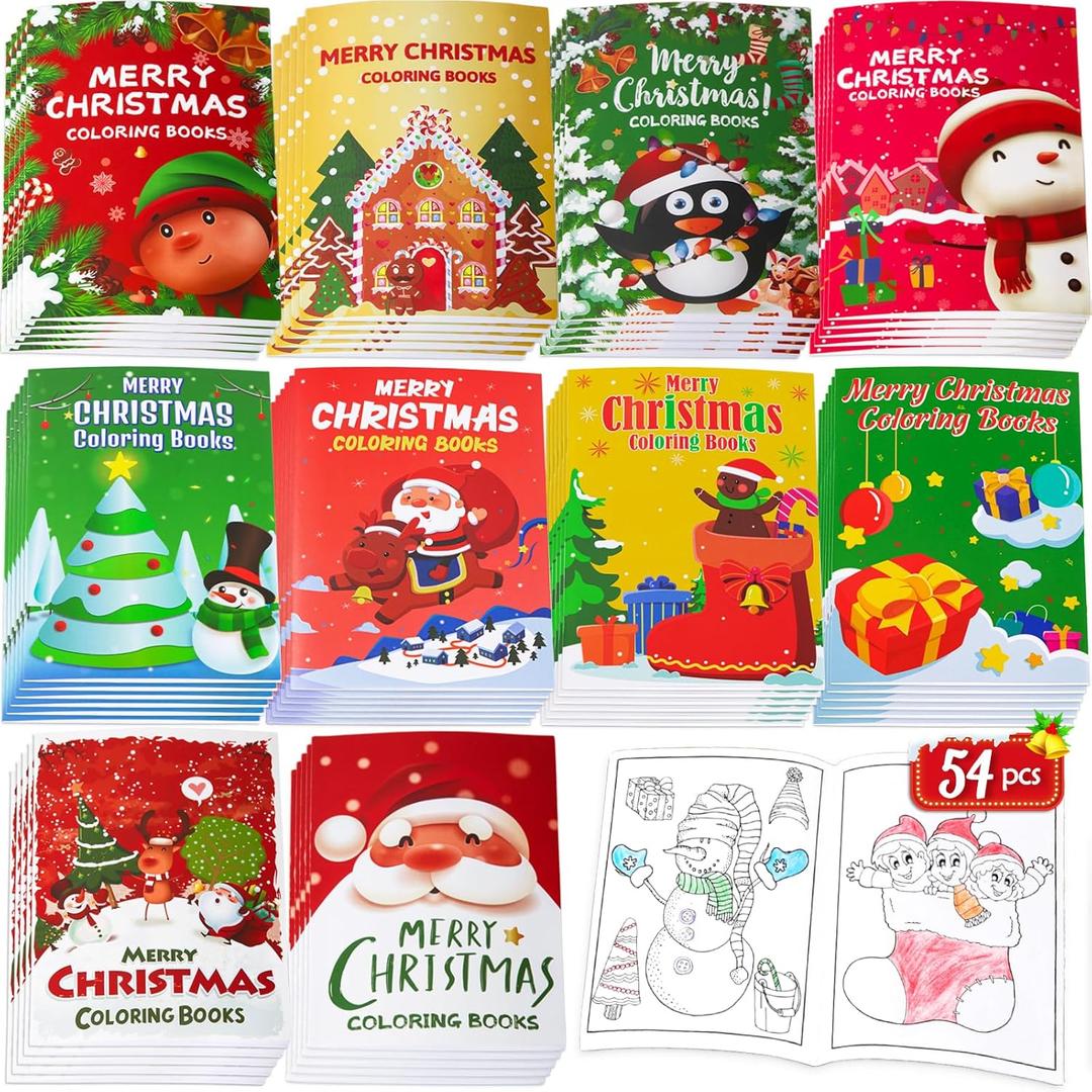 90shine 54Pcs Christmas Coloring Books for Kids Bulk: Xmas Stockings Goodie Bags Stuffers Winter Party Favors Gifts Holiday Class Activity Supplies