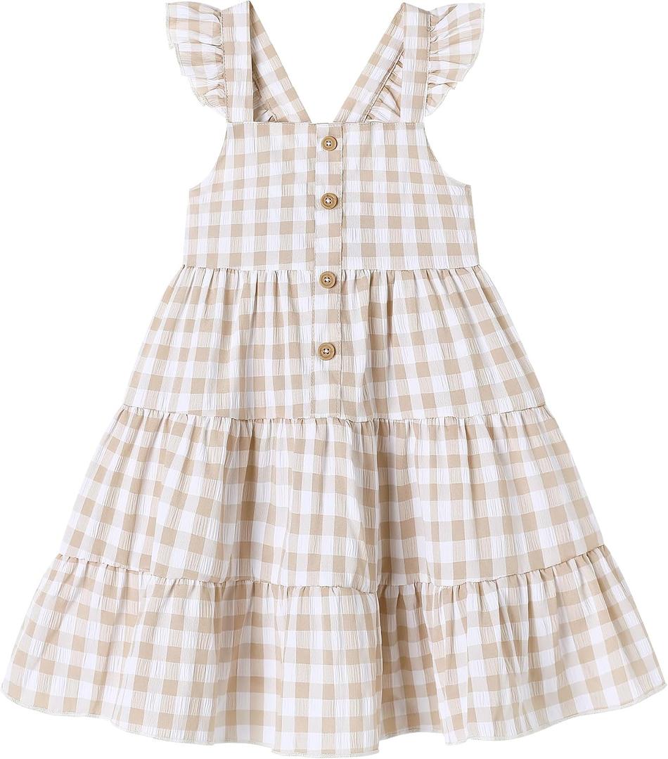DeeFant Toddler Girl Dress Ruffle Sleeveless Little Girls Summer Outfits Kids Dresses Floral Sundress Beach Casual Khaki 5-6T