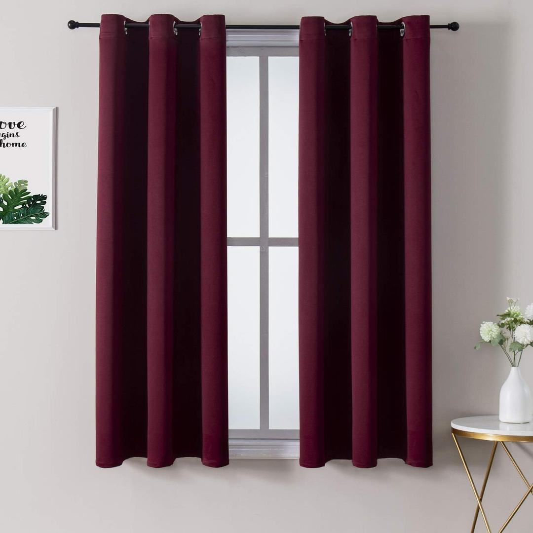 ChrisDowa Small Window Curtains 50 inches Long for Bedroom - Grommet Short Thermal Insulated Room Darkening Curtains for Kitchen (2 Panels, Burgundy, 29 x 50 Inch)
