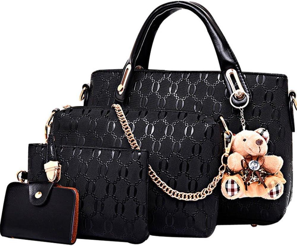 Women 4 Pcs Top Handle Satchel Hobo Handbag Set Large Tote +Purse +Shoulder Bag+Card Holder | 4 Pcs, Top Handle, Purse, Card Holder (Black)