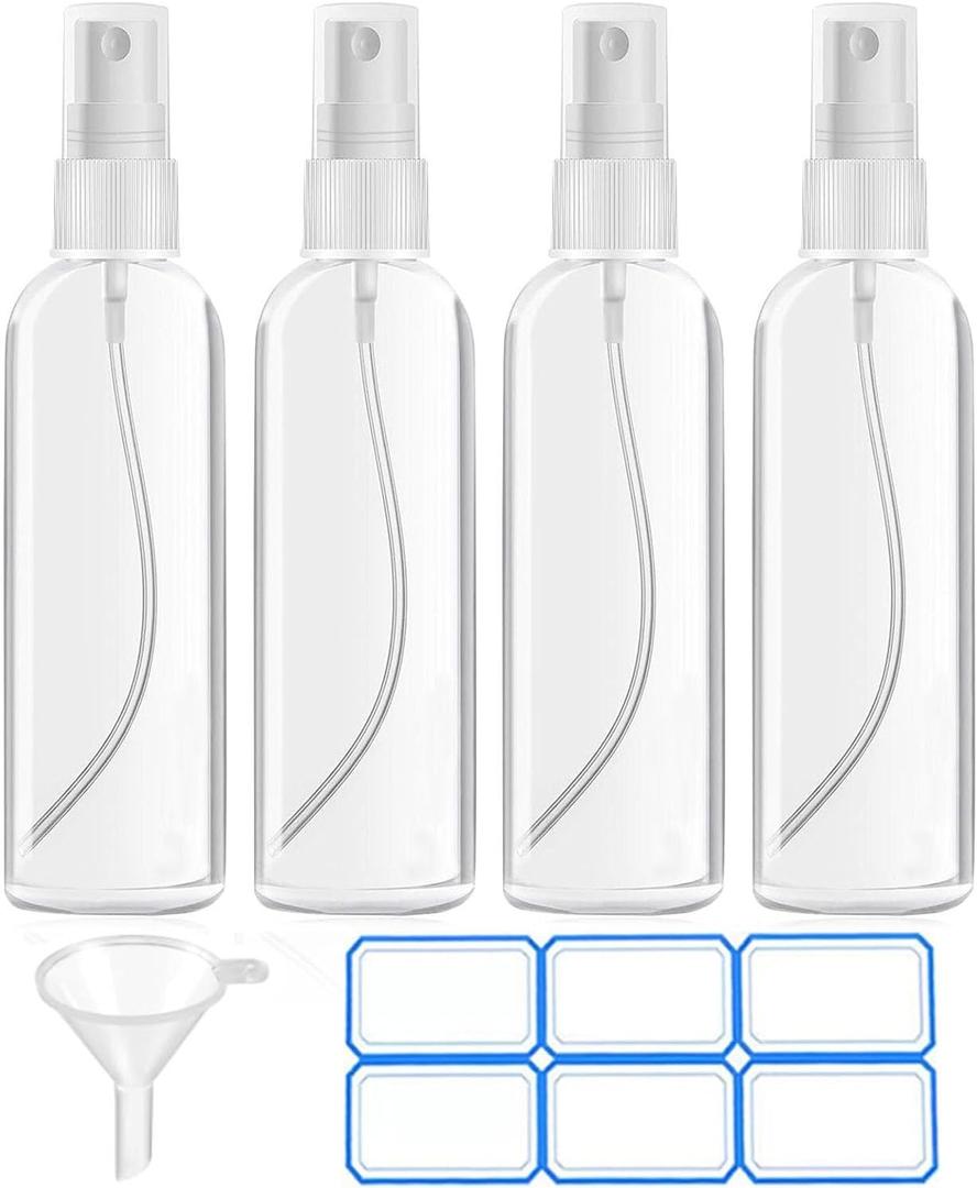 DTDNZKN 4 Pack 3.4 Oz (100ml) TSA Approved Travel Bottles, Travel Size Containers Spray Bottles with Labels - Fine Mist, Refillable, Reusable, Leak Proof