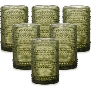 ZMOWIPDL Vintage Glassware Drinking Glasses Set of 6,15 oz Hobnail Glass Cups,Embossed Green Water Tumbler,for Beer,Cocktail,Whiskey,Juice and Various Mixed Drinks- 1 Cleaning Brush