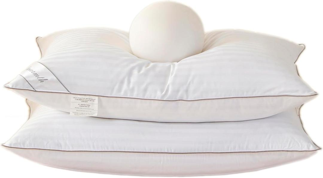 Goose Feather Down Pillow, 100% Cotton Cover Bed Pillow Stripe White Standard (Pack of 2)