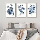 Large Framed Canvas Wall Art - Natural Float Framed Indigo Flowers Picturtes for Living Room Decor Retro Blue Floral Botanical Artwork Plants for Bedroom Kitchen Home Office Decor 72" X 36" Set of 3