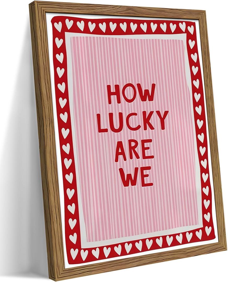 Framed How Lucky Are We Wall Art, Vintage Pink Inspirational Canvas Wall Decor Painting, Trendy Preppy Stripe Romantic Quotes Posters Prints Pictures for Bedroom Dorm Valentine Gift 12x16 Inch