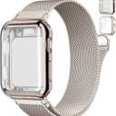 Magnetic Band and Case for Apple Watch Band Women/Men,Stainless Steel Milanese Loop Bracelet Strap with Cover Combo iWatch, 45mm- series 9 8 7, 03-Starlight