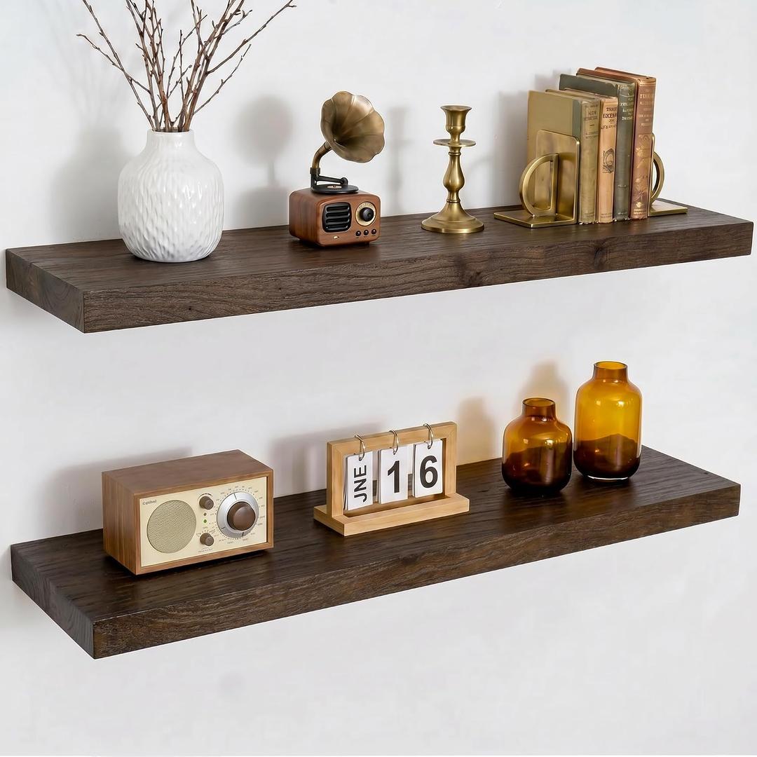 Dreamland Rustic Elm Woood Floating Shelves for Wall Decor, 30" W x 8" D x 1.5" H Floating Shelves Set of 2, Wall Mounted Deep Wooden Shelf for Living Room, Bedroom, Kitchen, Bathroom, Walnut, Flat Edge, 30inch