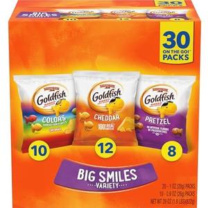 Goldfish Crackers Big Smiles Variety Pack with Cheddar, Colors, and Pretzels, Snack Packs, 30 Ct, BB 07/27/25