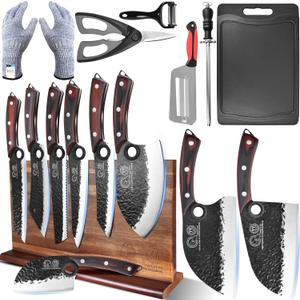 XYJ Knife Block Set, Professional Kitchen Knife Set with Magnetic Knife Block, Cutting Board, Honing Steel, High-Carbon Steel forged Blades, Chef's Knife, Cleaver, Carving Knife, Full Tang Design