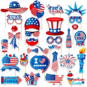 3 x Independence Day Photo Booth Props with Sticks,4th of July Photo Booth Props,Patriotic Party Decorations (25CT)