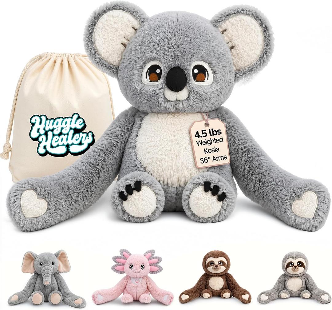 Huggle Healers Weighted Stuffed Animals for Adults, Teens and Kids - 36 Inch Long Plush Arms Grey Stuffed Animal for Hugs - 4.5lb Koala Plushies - Noa Koala