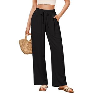 GRAPENT Linen Pants for Women Wide Leg High Waisted Baggy Drawstring Elastic Waist Palazzo Trousers Pants with Pockets, Medium