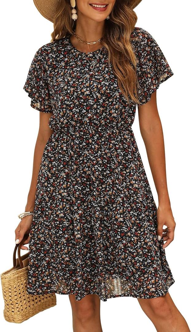 Manydress Women's Chiffon Floral Dresses Casual Summer Boho Flutter Sleeve Flowy Skater Western Dress MY112 M