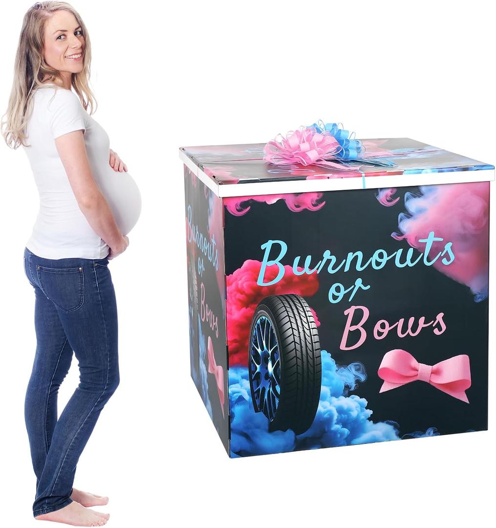 AmazingSpark 28in Jumbo Gender Reveal Gift Box Kit with Oversized Box Giant Pull Bows for Gender Reveal Baby Shower Birthday Party Decor(Burnouts or Bows), 1 Count