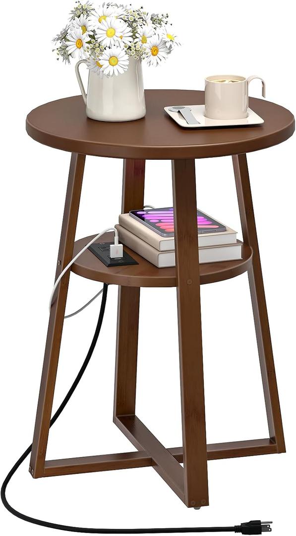 HOOBRO Round Side Table with Charging Station, Round Accent End Table with Bamboo Legs for Living Room, Bedroom, Brown, BR101UBZ01