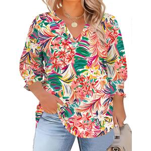 TFSDOD Womens Plus Size Tops 3/4 Sleeve Blouses Summer V Neck Shirts Smocked Cuffs Spring Outfits, 2XL