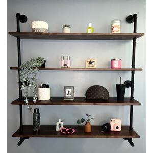 Industrial Pipe Wall Shelves With Real Wood Plank, 48 Inches Floating Shelves for Wall, 4 Tier Farmhouse Book Shelves, Dark Brown for Kitchen, Living Room Decor and Bar
