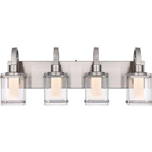 4-Light Brushed Nickel Vanity Light Fixtures, Modern LED Bathroom Wall Lights for Dressing Room, Integrated LED Chips with Frosted Column & Clear Square Glass Shades, Energy Saving Wall Sconce
