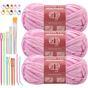 LUNARM Chenille Yarn for Crocheting Knitting, 3 Pack of 100g/3.5oz Velvet Yarn Thick Soft Chunky Fluffy Weaving Plush for Blankets Clothes Pattern Creations 263 Yard with Big Eye Needles (Light Pink) (Solid Color)