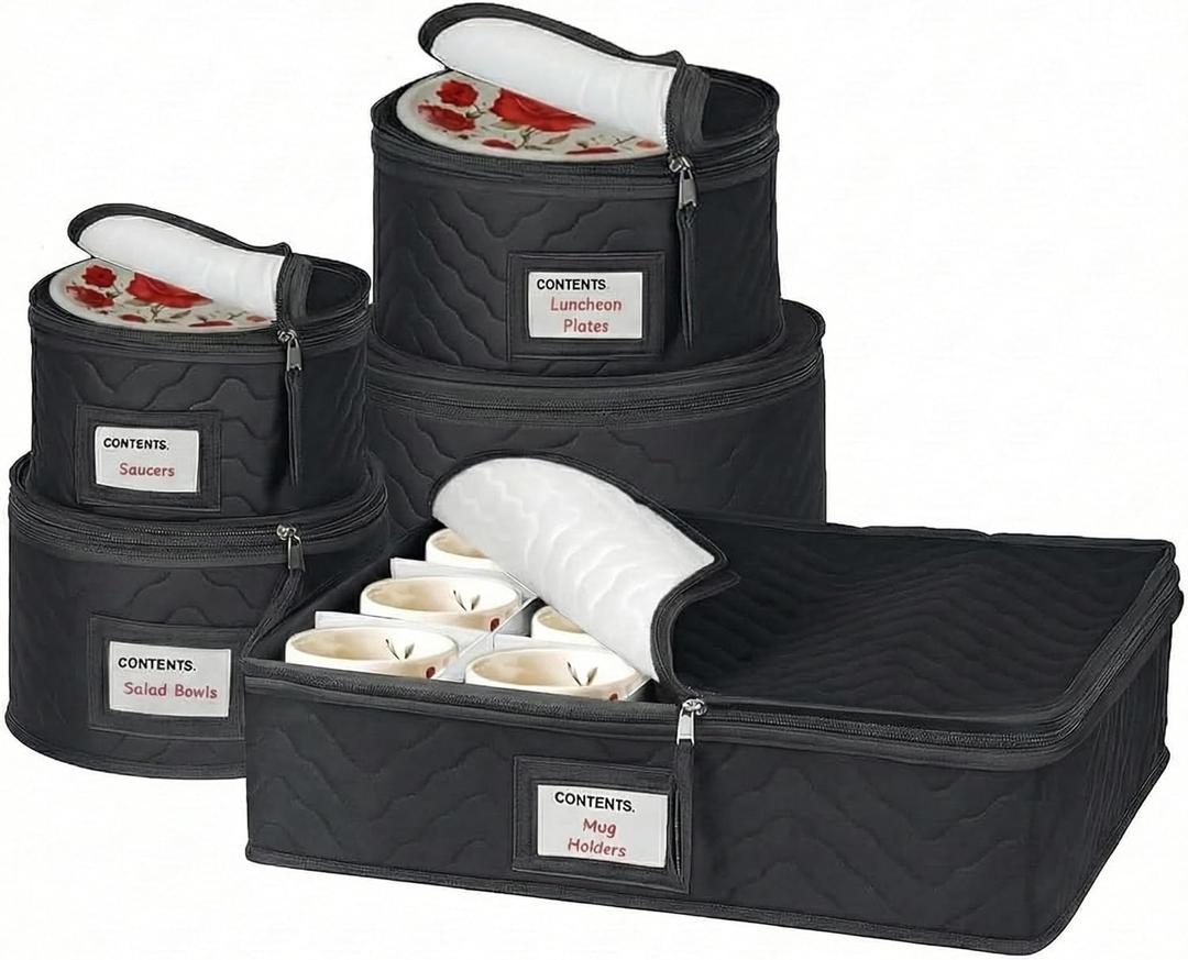 2 x China Storage Containers 5-Piece Set Moving Boxes for Dinnerware, Glasses, Plates, Mugs and Saucers Sturdy Quilted Microfiber Dish Organizer with Dividers for Seasonal Storage - Holds Set of 12, Black