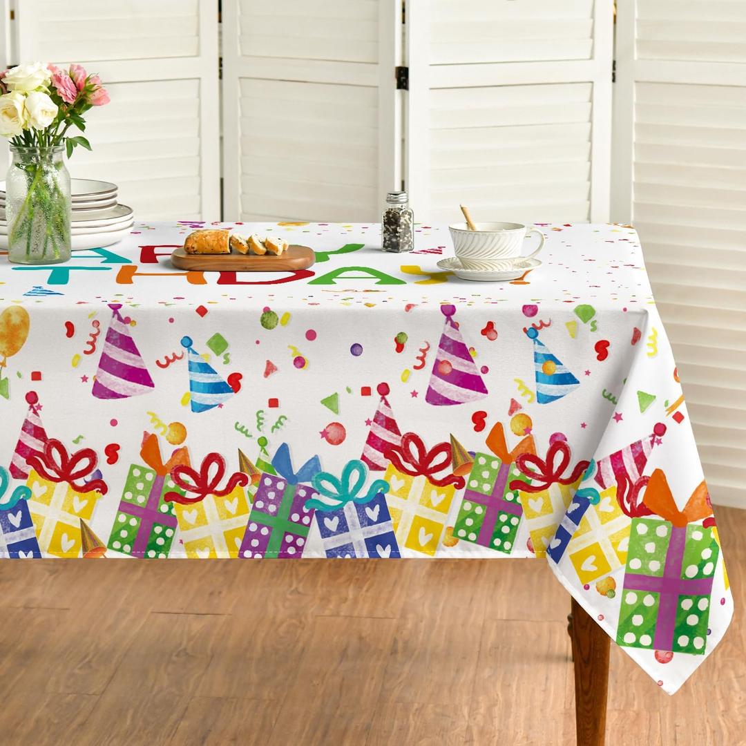 Horaldaily Birthday Tablecloth 60x140 Inch Rectangular, Happy Birthday Ballon White Washable Seasonal Table Cover for Party Picnic Dinner Decor