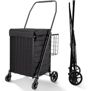 BIEAMA Folding Shopping Cart with Waterproof Liner, Grocery Cart 200 Lb