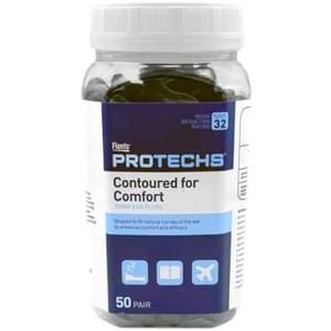 Flents Protechs Contoured for Comfort Foam Ear Plugs, Soft & Comfortable Hearing Protection for Work, Construction, Heavy Machinery, Studying, Travel & Sleep, NRR 32, Easy to Use, Black, 50 Pairs