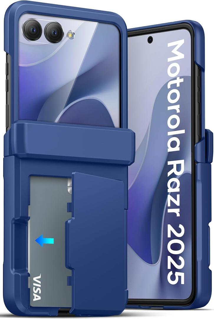 ATATOO for Motorola Razr 2025 Wallet Case, Built-in Card Holder (3 Cards) & Hinge Protection & HD Screen Protector, Military Grade Protection, Rugged Shockproof Phone Case for Moto Razr 2025, Blue