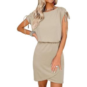 Dokotoo Womens 2024 Summer Dress Drawstring Cap Sleeve Crew Neck Wrap Bodycon Dresses Mini Short Dress, Medium